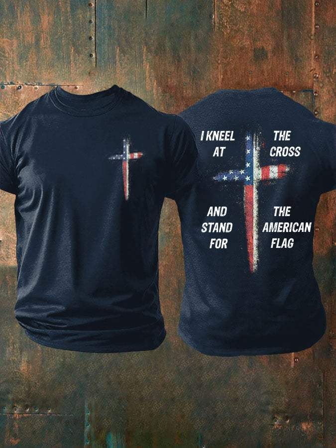 Mens Stand For The Flag Kneel For The Cross Printed Casual T-Shirt