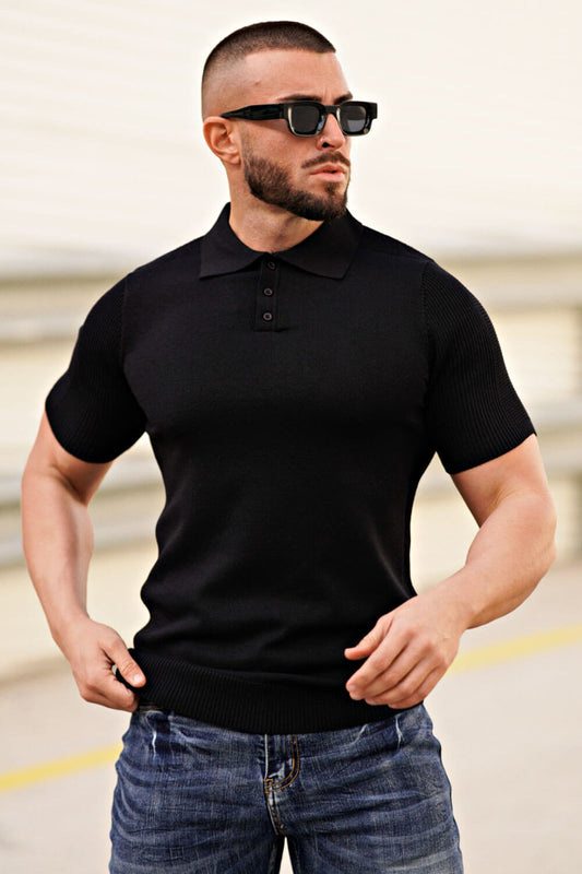 Men's Button Short Sleeve Polo Shirt - Black