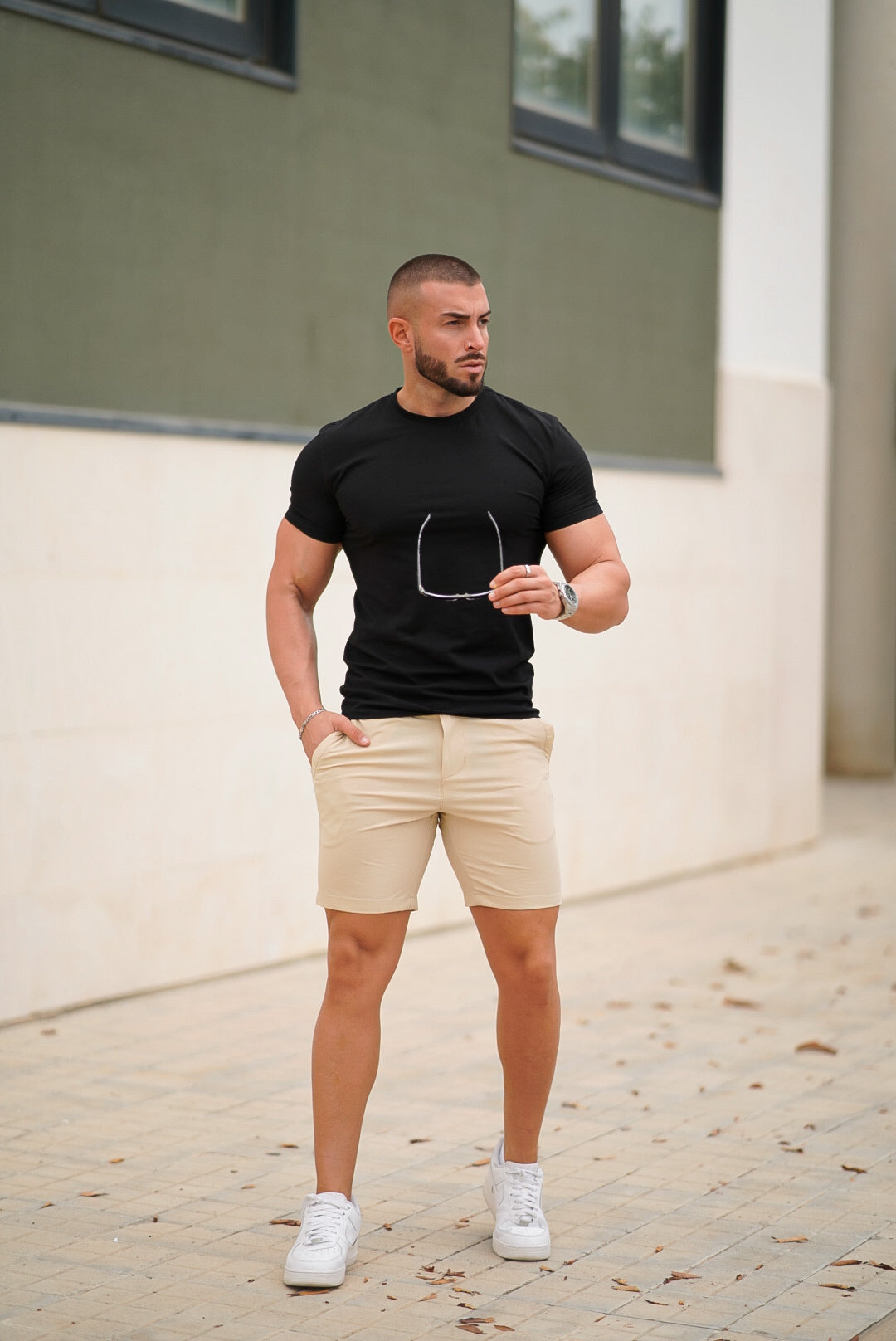 Herren-Stretch-Chino-Shorts in Schwarz/Aschgrau/Blau/Berggrün (Innenbeinlänge 7")