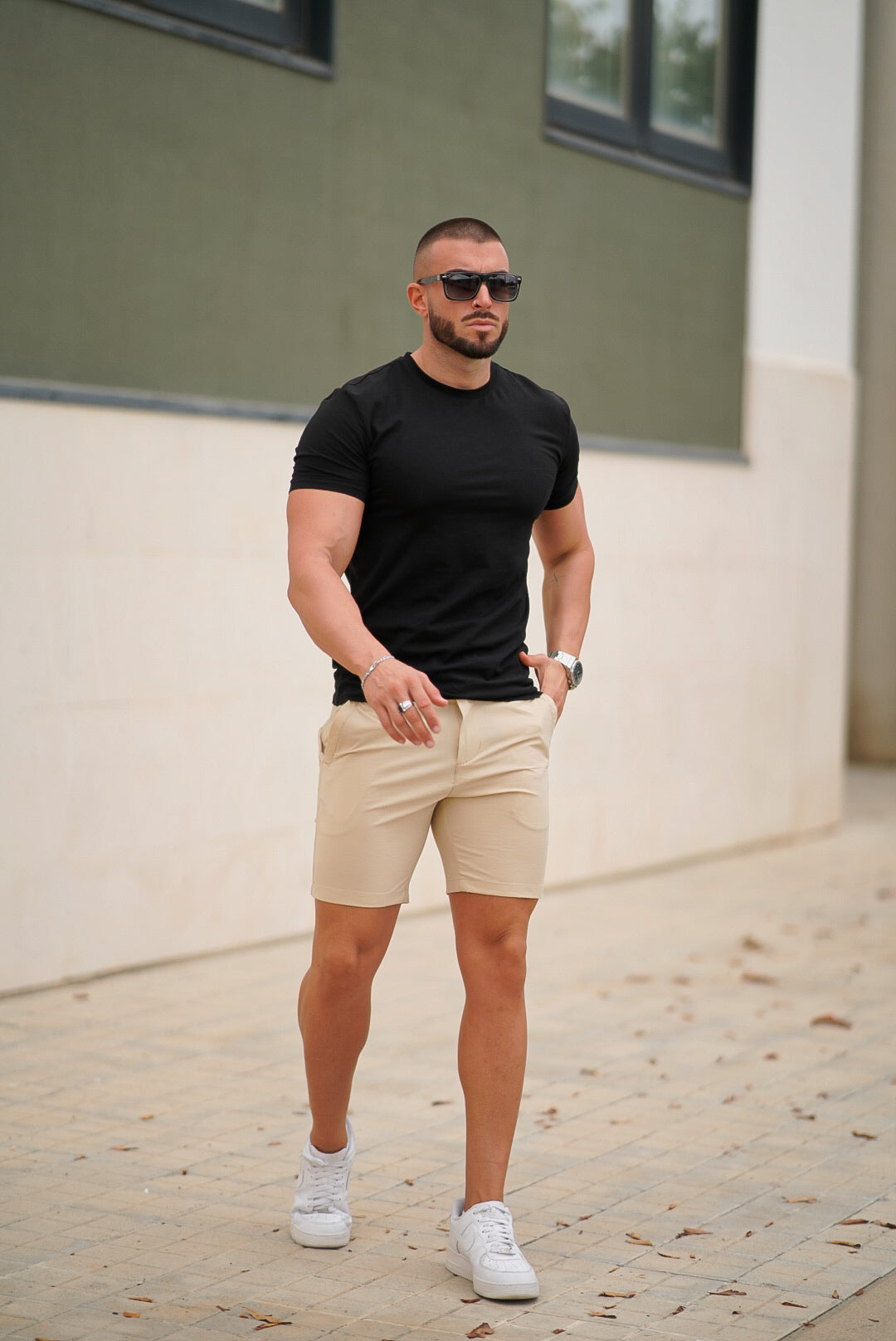 Herren-Stretch-Chino-Shorts in Schwarz/Aschgrau/Blau/Berggrün (Innenbeinlänge 7")