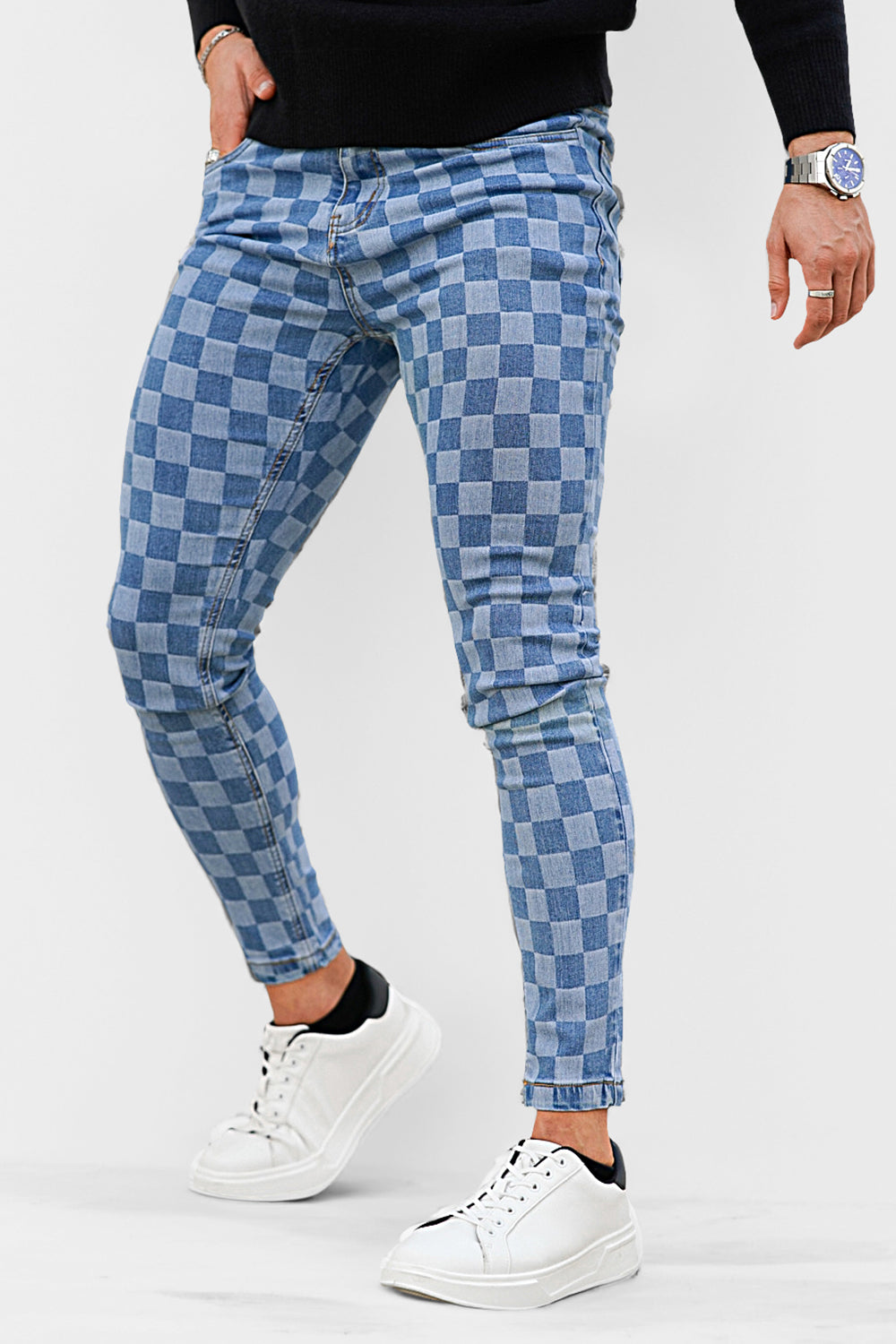 gingtto fashion skinny jeans for men - blue & checkerboard
