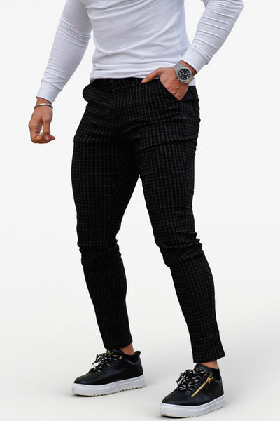 Gingtto Fashion Black Super Stretchy Plaid Stylish Chinos For Men