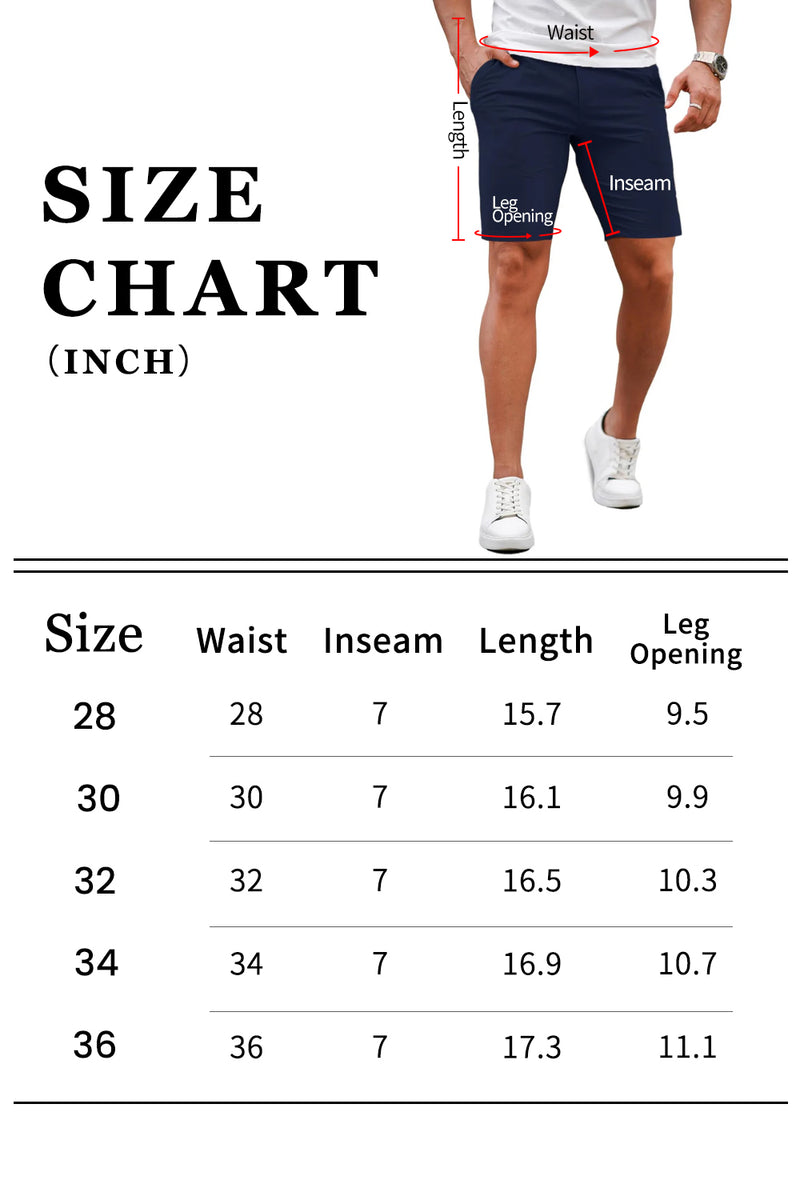 Men's Premium Stretch Tailored Chino Shorts (5" Inseam)-Khaki/Navy Blue/White/Grey/Blue/Black Size Chart
