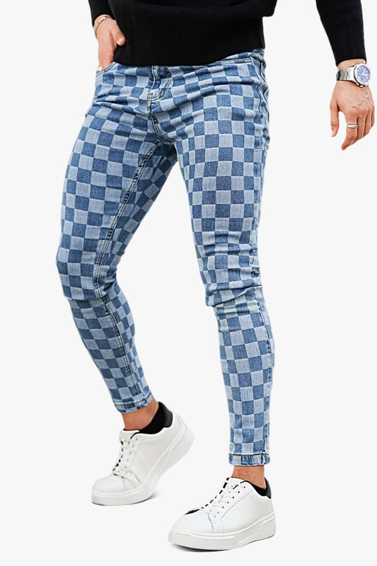 Modische Röhrenjeans für Herren – Blau &amp; Schachbrett