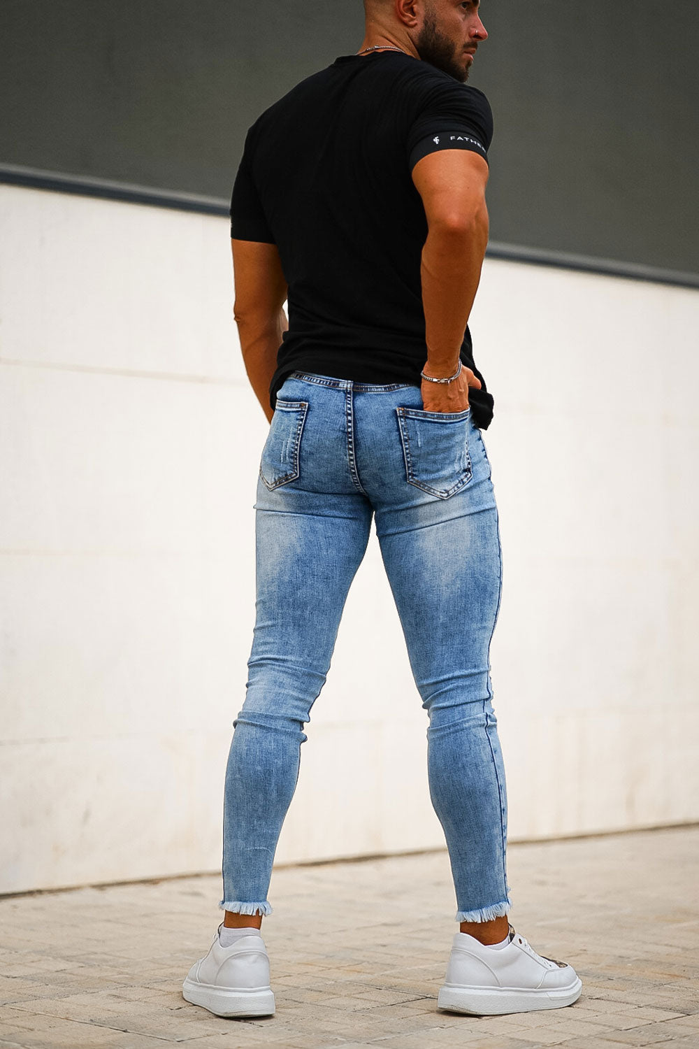 Gingtto Mens Ripped Skinny Jeans-Light Blue Stretch Jeans