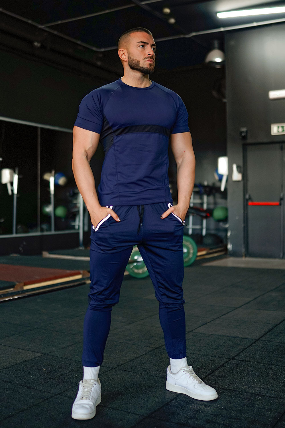 Blue joggers mens outfit sales