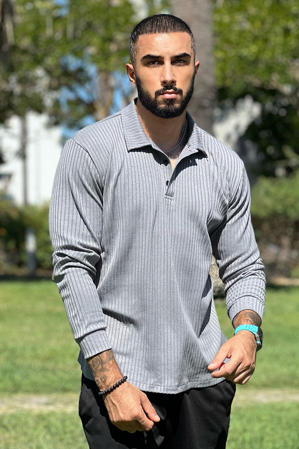 Men's Gray Long Sleeve Polo Shirts