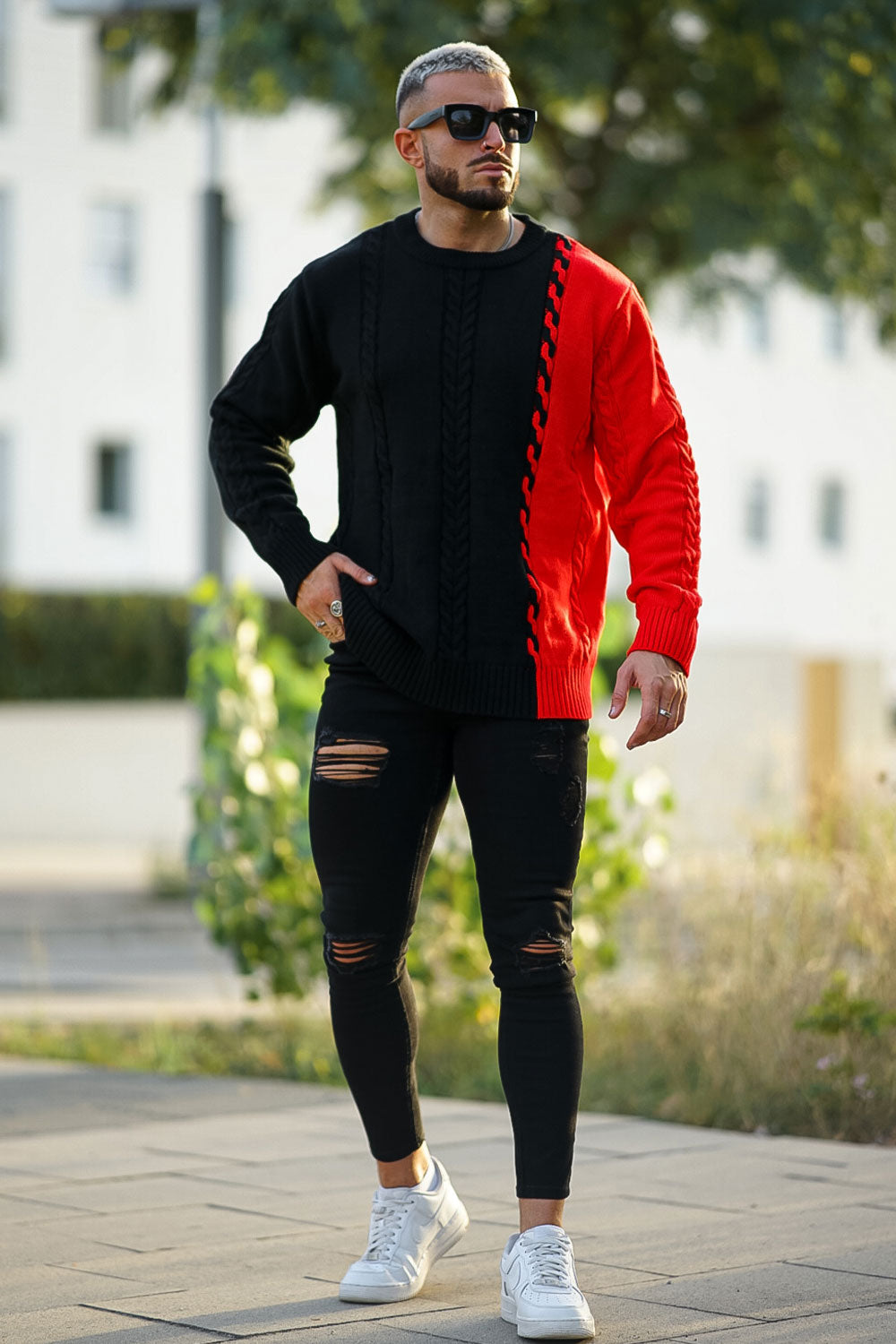 red and black men's color block sweater