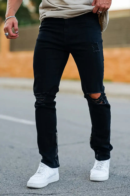 Men‘s Vintage Ripped Zip stacked jeans Stretch Jeans