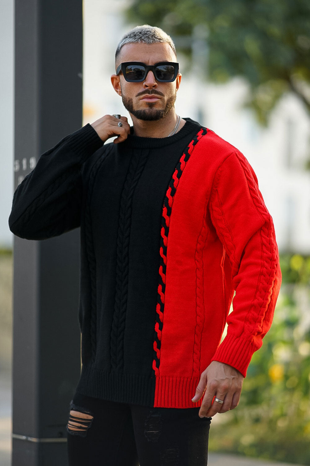 Gingtto Men's Color Block Sweater - Red & Black