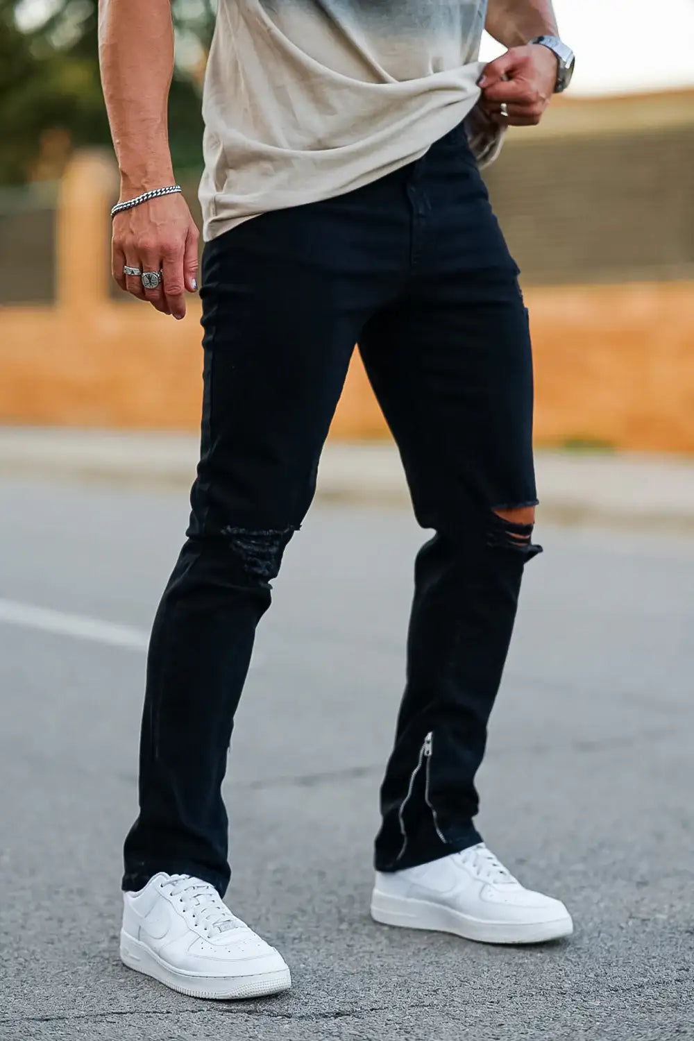 Men‘s Vintage Ripped Zip stacked jeans Stretch Jeans