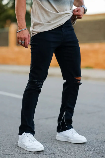 Men‘s Vintage Ripped Zip stacked jeans Stretch Jeans