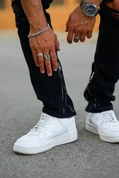 Men‘s Vintage Ripped Zip stacked jeans Stretch Jeans