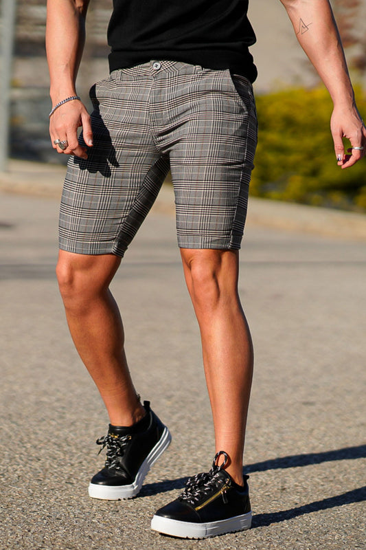Gingtto Mens Classic Design Dark Grey Short Chinos Pants  With Plaid