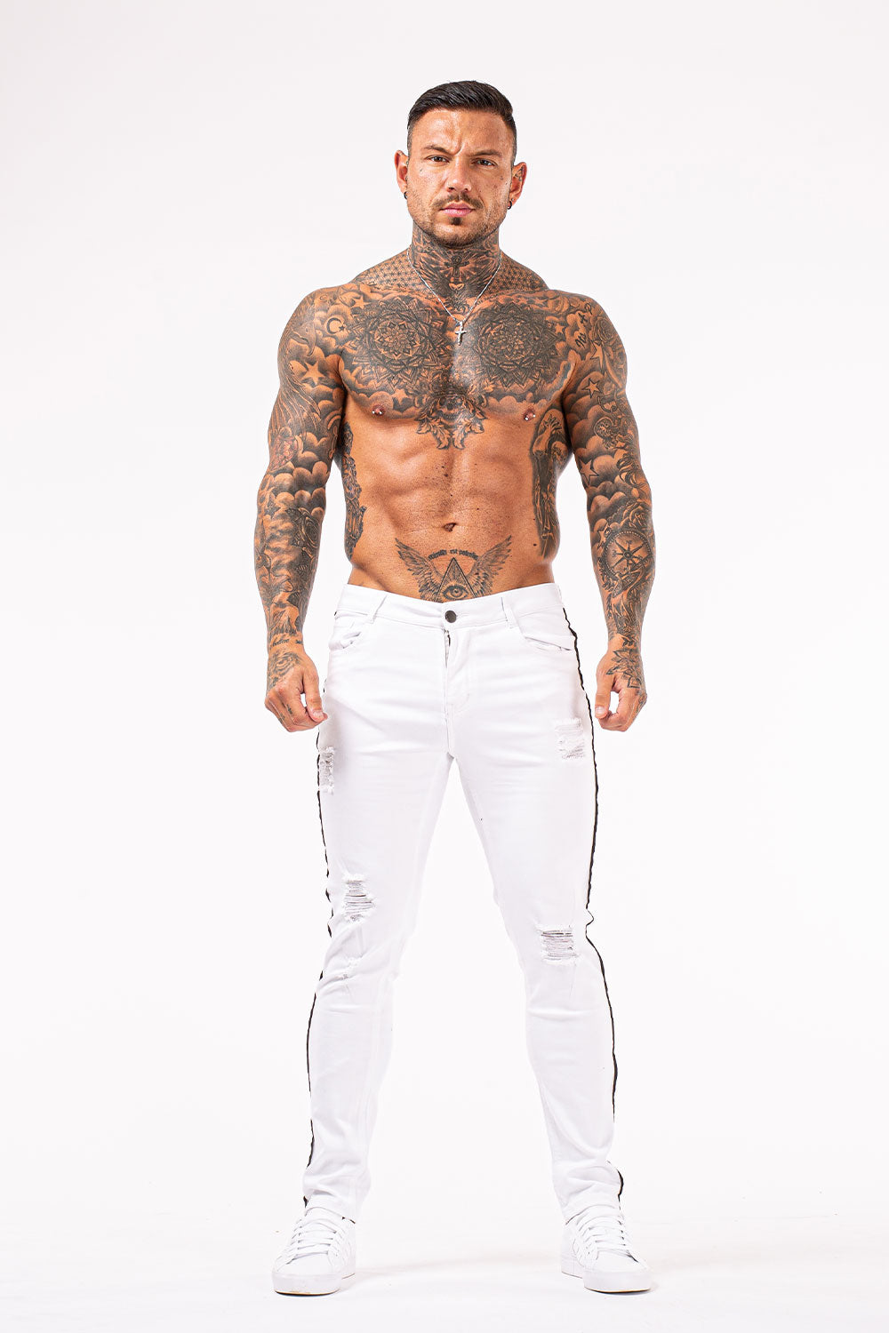 Men Skinny Ripped Jeans Distressed-White Stretch Jeans