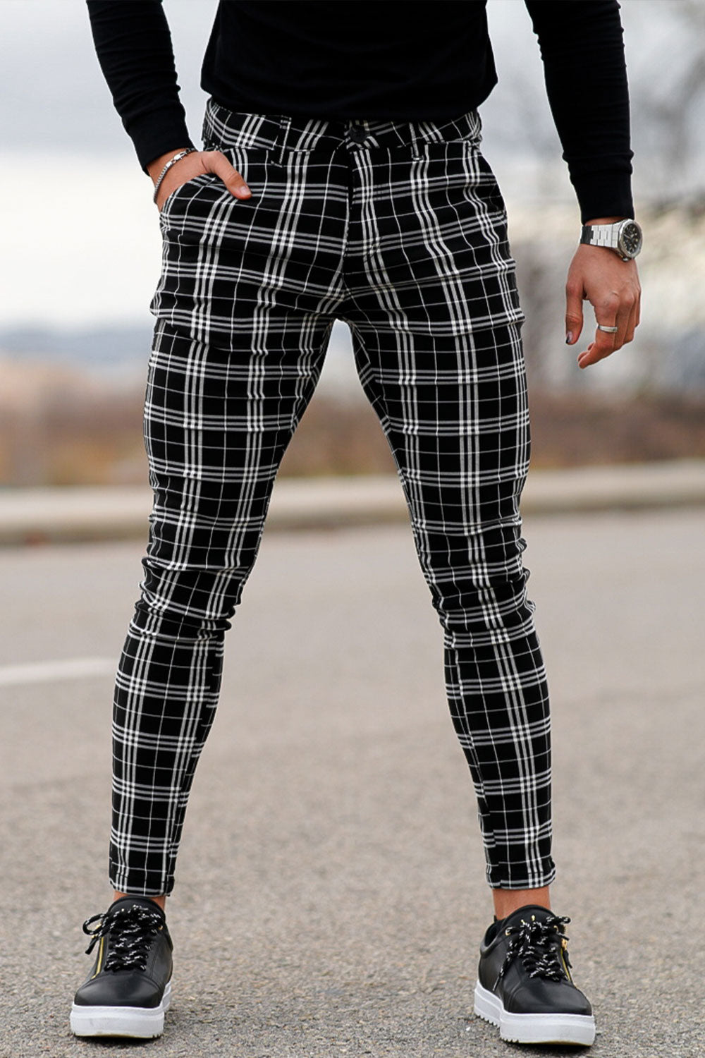 Gingtto New Mens Casual Plaid Chinos Pants Slim Fit-Black And White