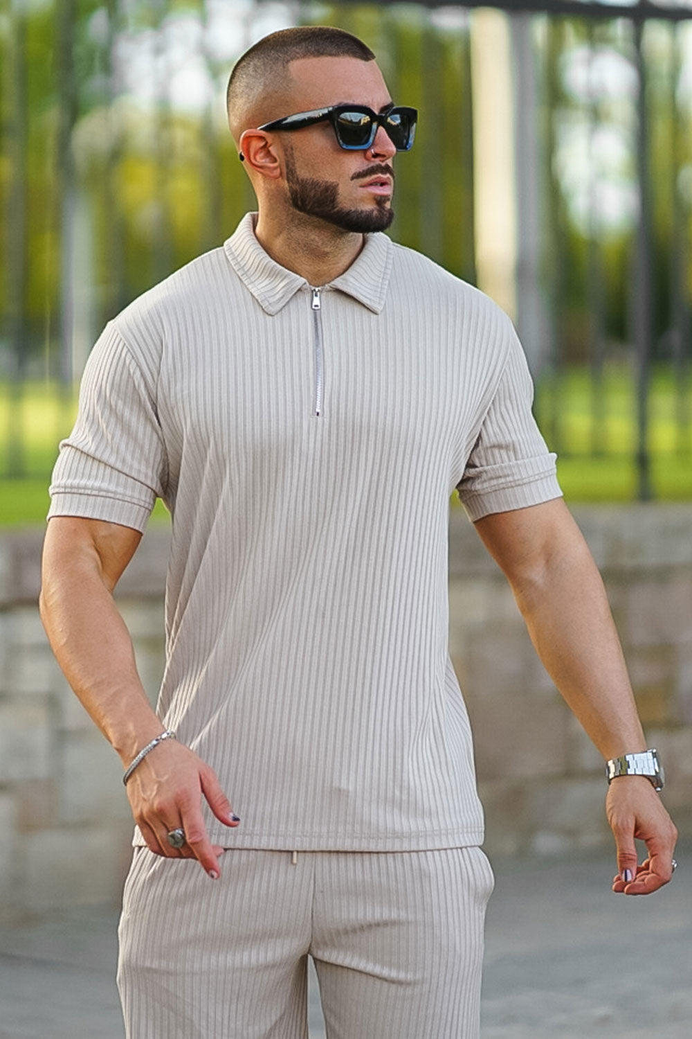 Gingtto Men's Light Brown Tracksuit With Stripe