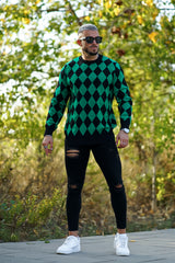 Suéter masculino manga longa slim fit gola redonda suéter grade verde