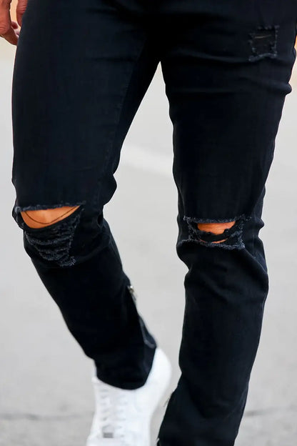 Men‘s Vintage Ripped Zip stacked jeans Stretch Jeans