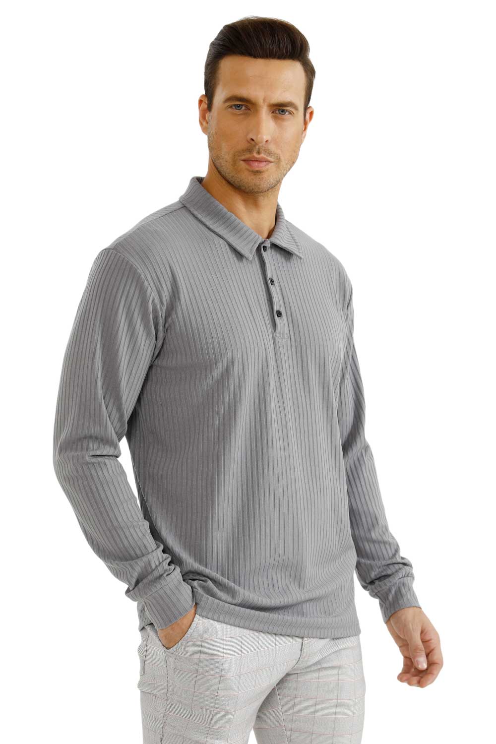 men's grey long sleeve polo shirt