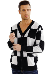 Suéter masculino GINGTTO manga longa gola xale cardigã slim fit com botão e bolsos preto