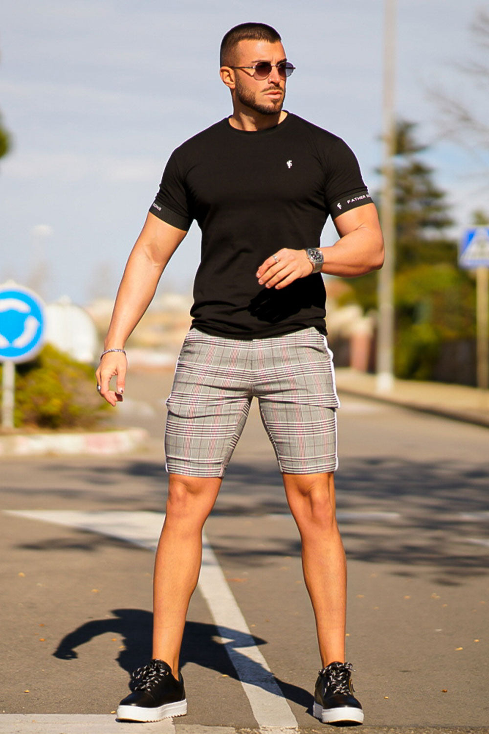 Gingtto Mens Comfortable Chinos Shorts -Grey Lattice And White Stripe