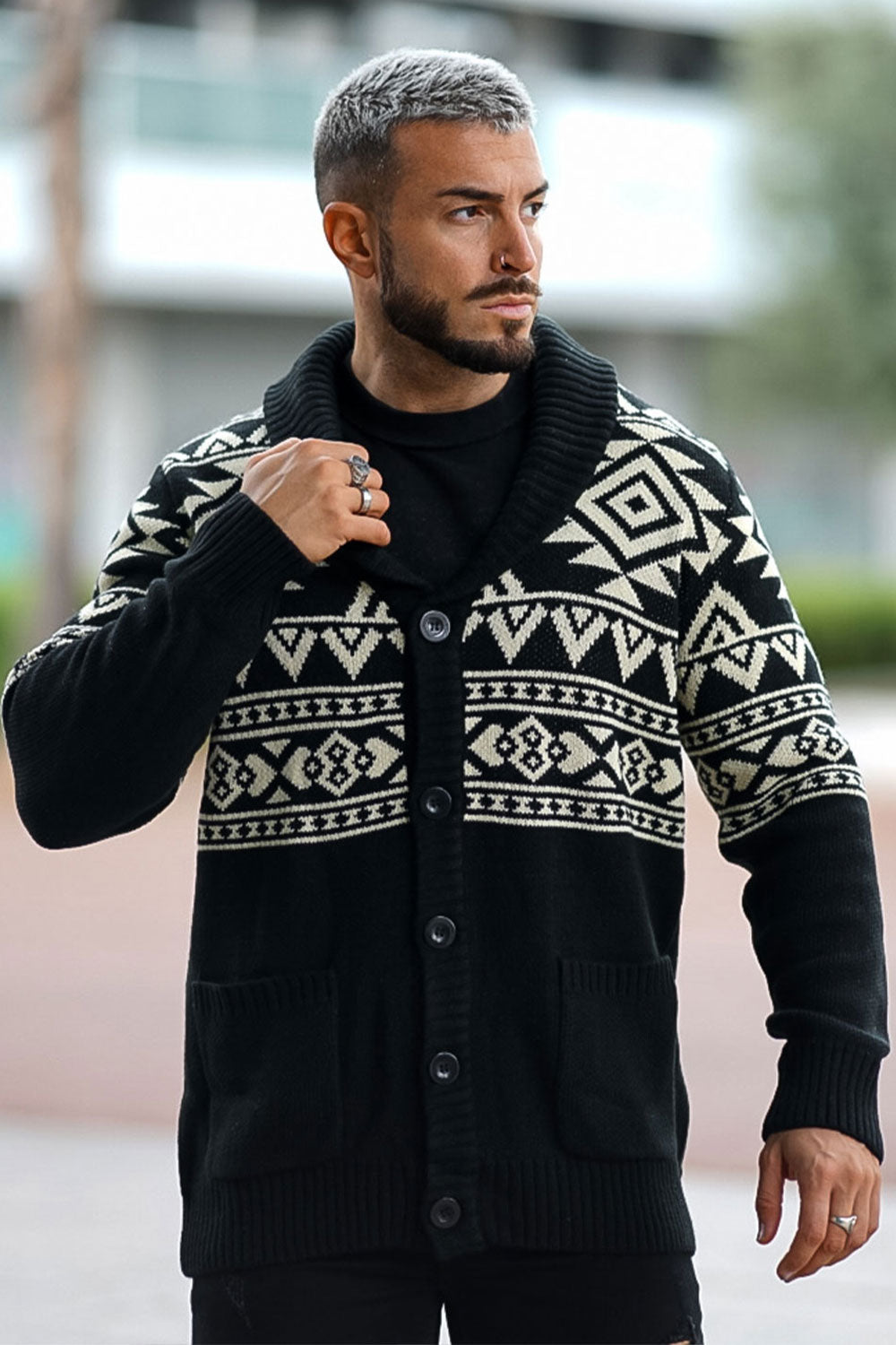 Cardigã masculino gola xale abotoar suéter de tricô preto