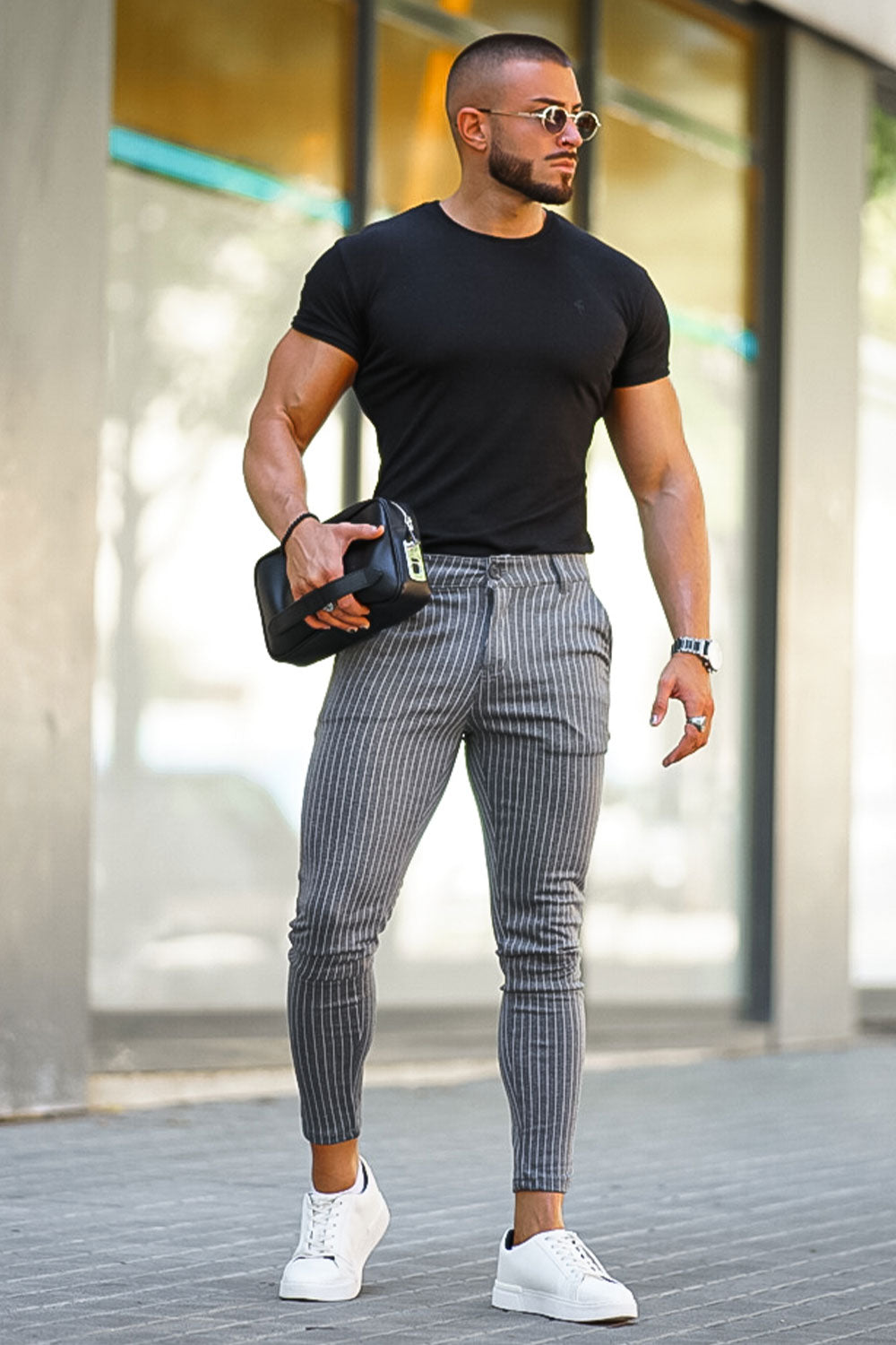 Black pants with grey stripes shop