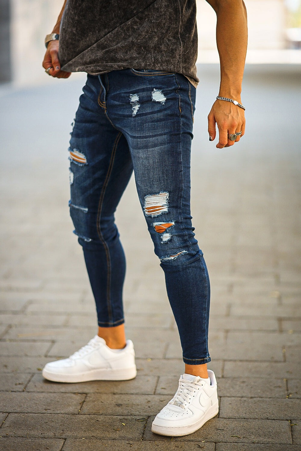 Gingtto Men s Ripped Fashion Jeans Skinny Jeans With Good Stretch 28 Dark Blue