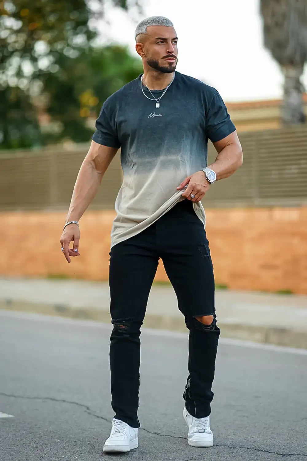 Men‘s Vintage Ripped Zip stacked jeans Stretch Jeans