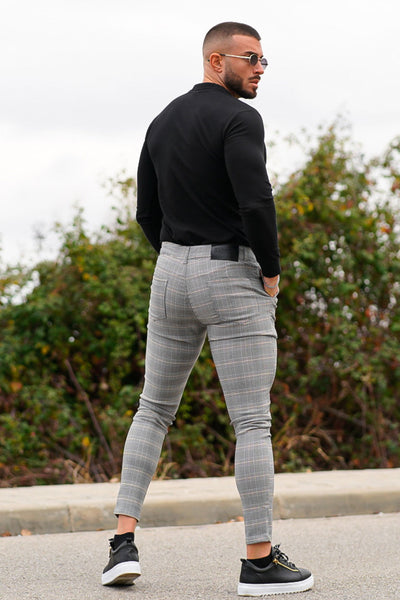 Gingtto New Mens Casual Plaid Chinos Pants Slim Fit-Light Grey