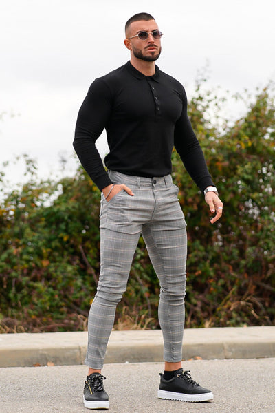 Gingtto New Mens Casual Plaid Chinos Pants Slim Fit-Light Grey