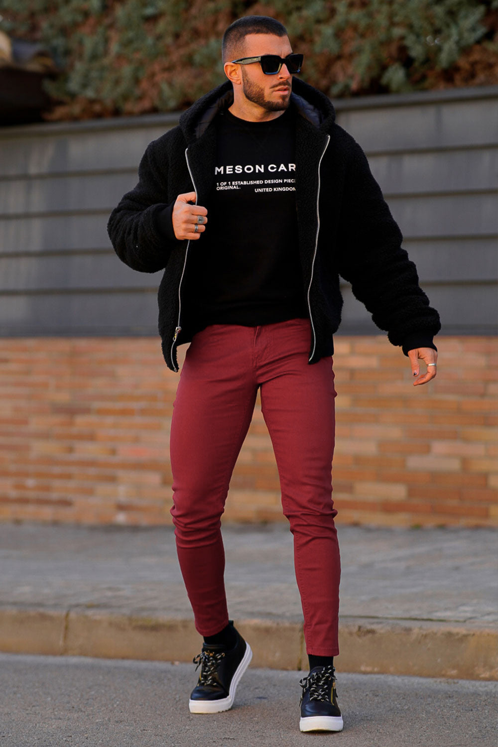 men's red  high waisted skinny jeans