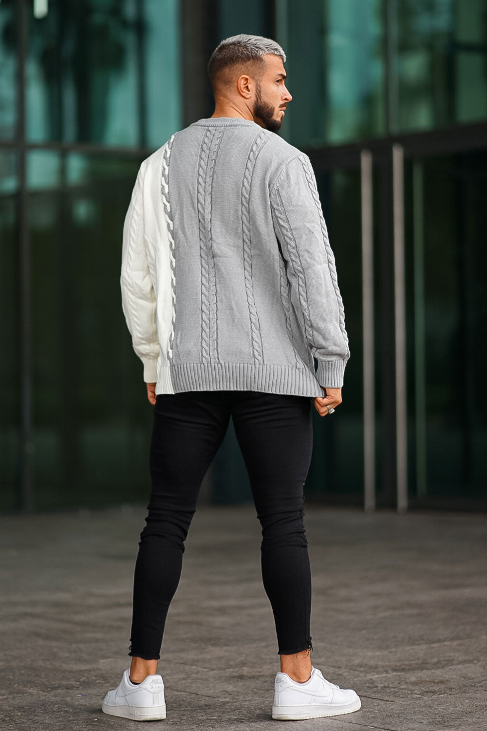 Men's Color Block Sweater - Grey & White