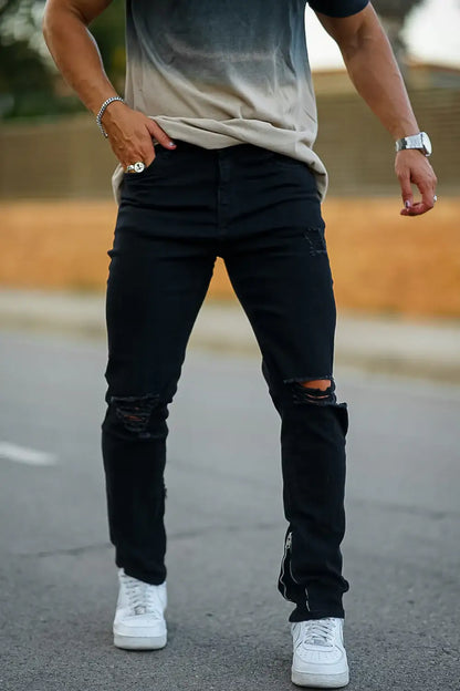Men‘s Vintage Ripped Zip stacked jeans Stretch Jeans