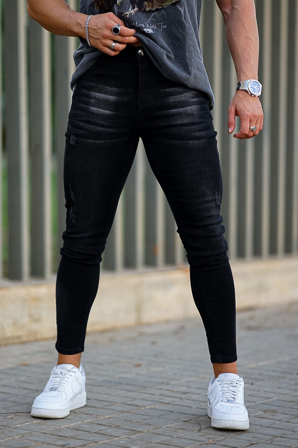 Calça jeans skinny estilosa masculina preta jeans stretch