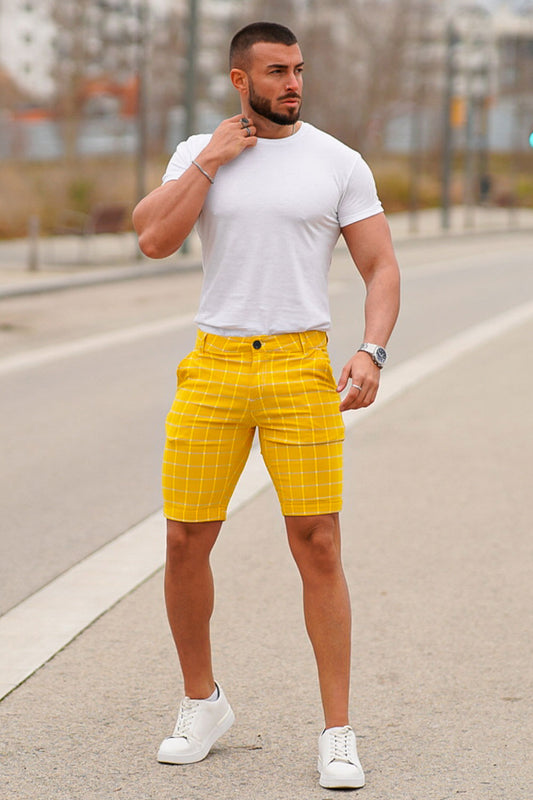 Gingtto Mens Plaid Casual Fashion Chino Slim Shorts For Street-Yellow