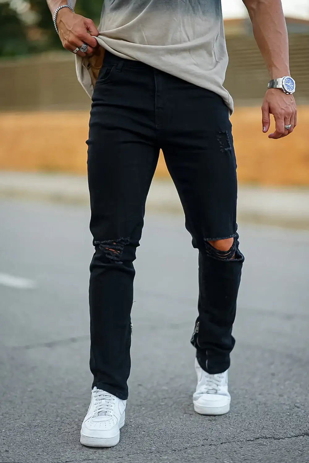 Men‘s Vintage Ripped Zip stacked jeans Stretch Jeans