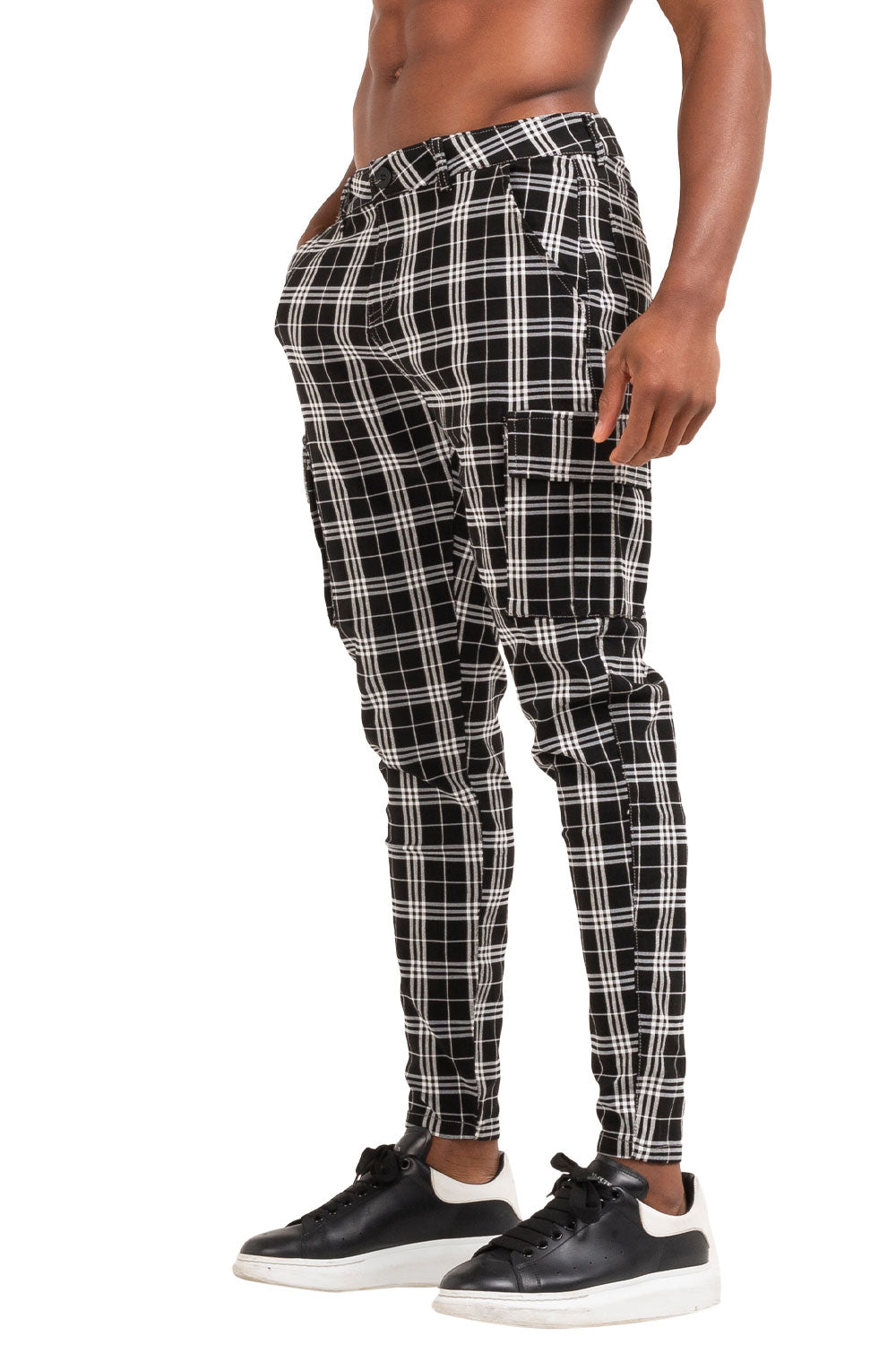 black and white checkered trousers