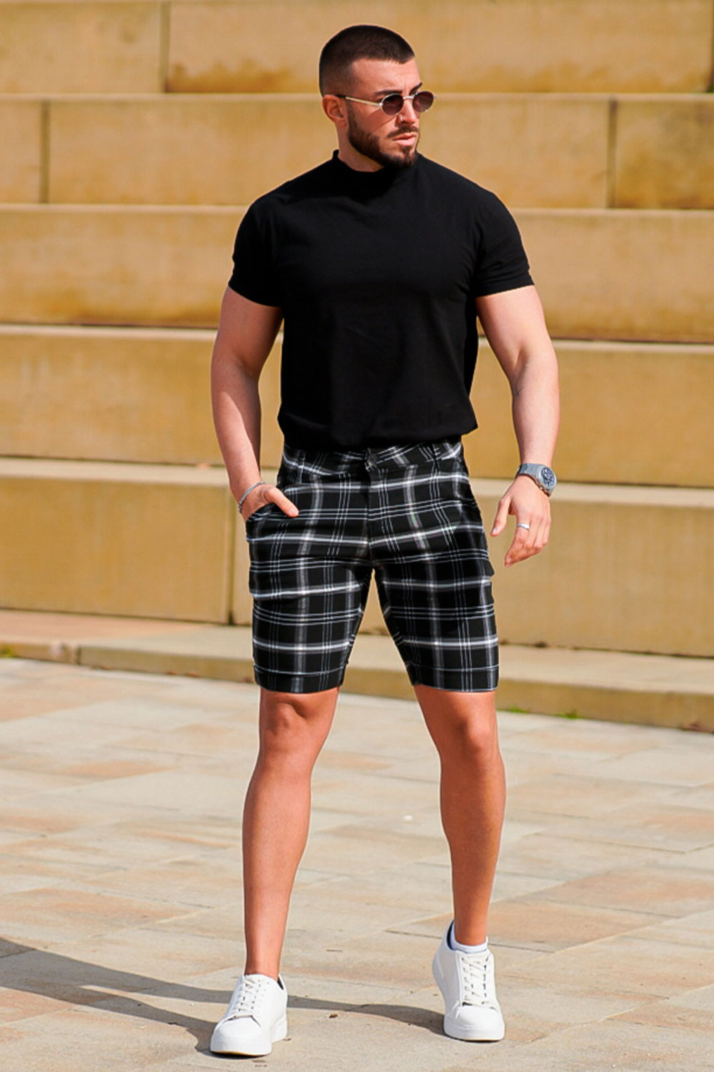 men's black plaid shorts