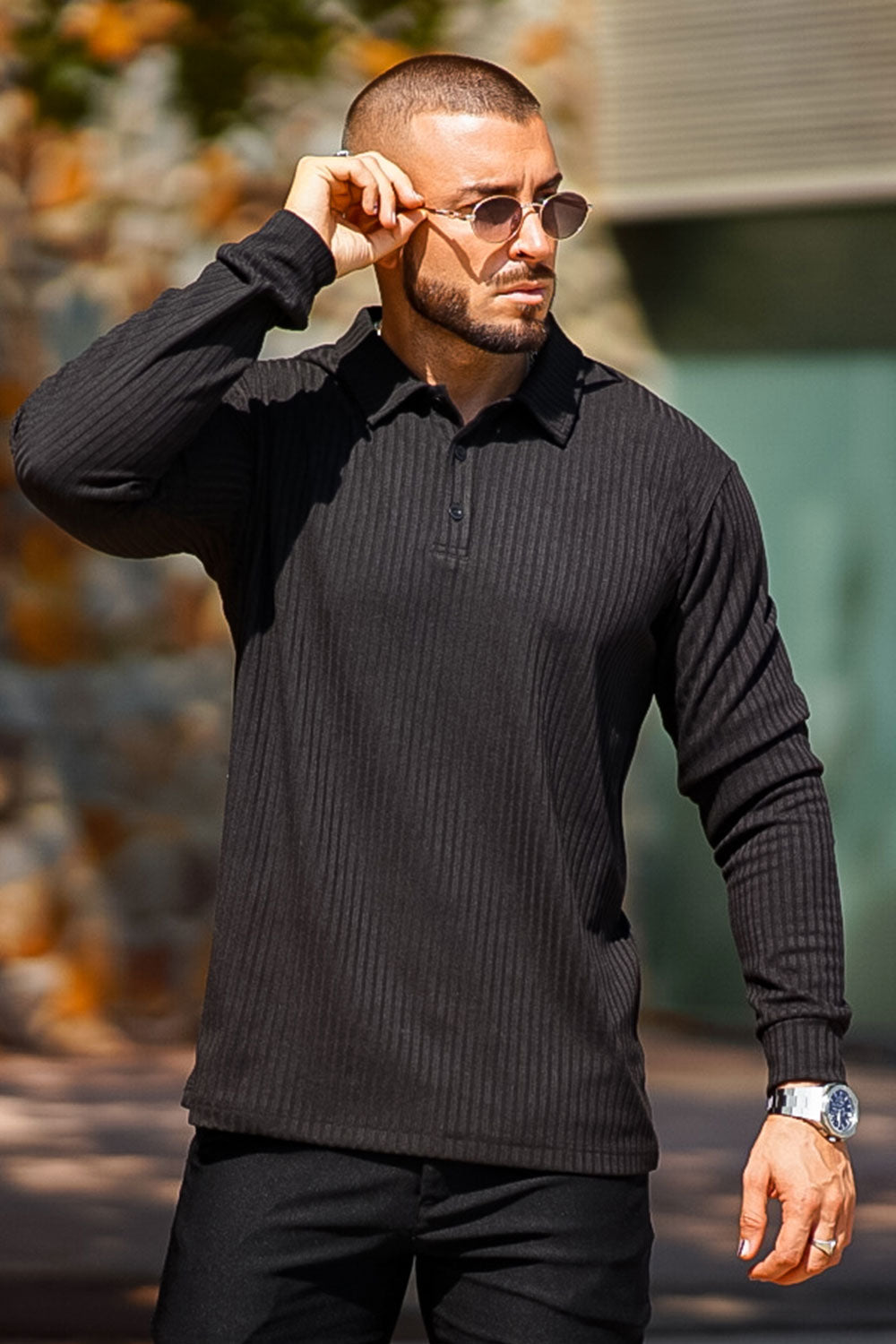 men's black long sleeve polo shirt