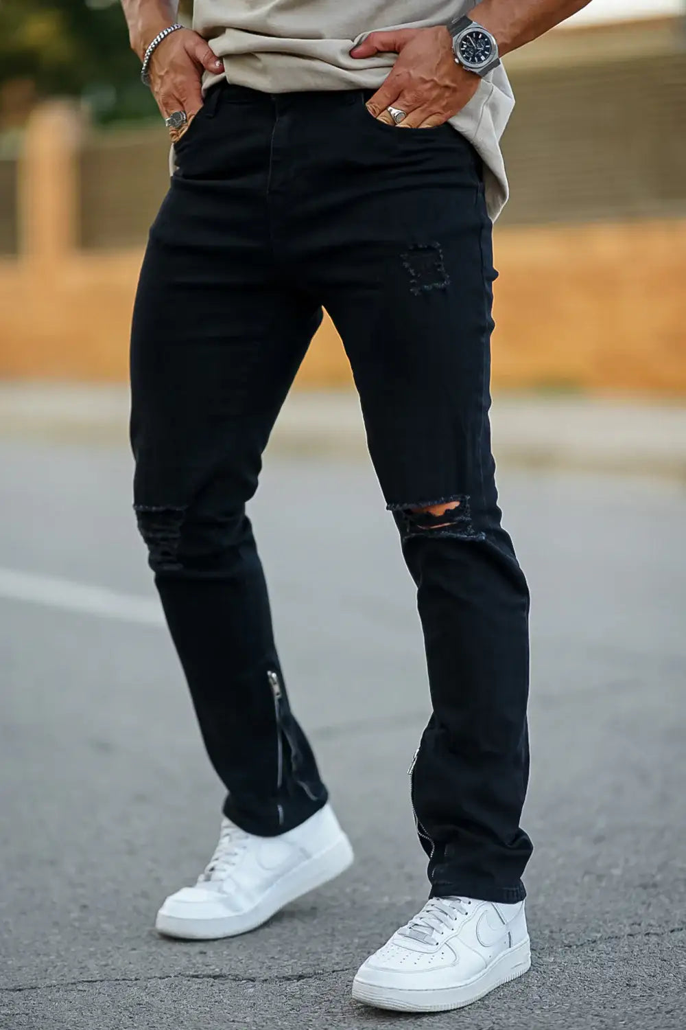 Men‘s Vintage Ripped Zip stacked jeans Stretch Jeans