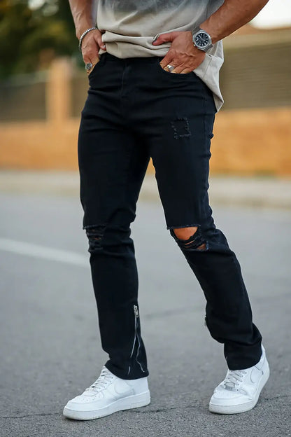 Men‘s Vintage Ripped Zip stacked jeans Stretch Jeans