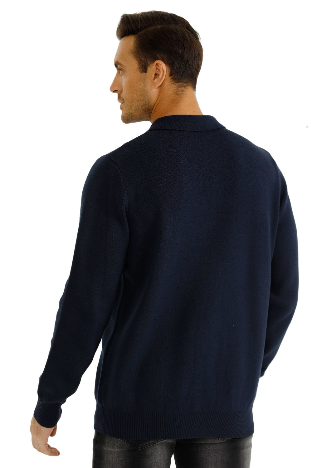 dark blue men's button knitted sweater
