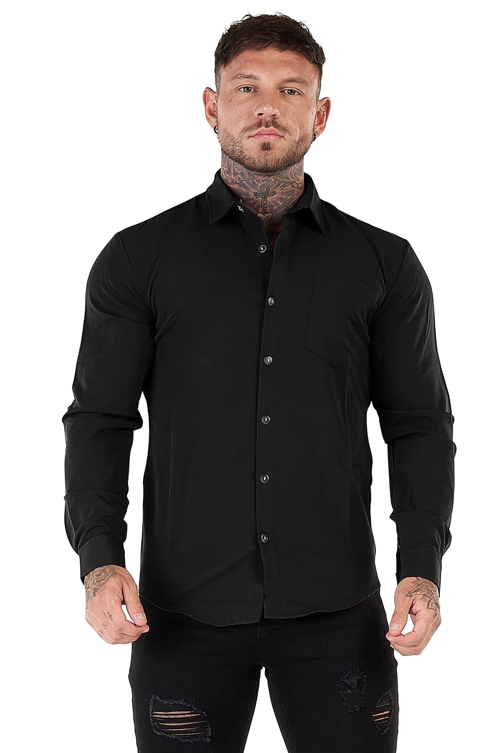 Gingtto Mens Fashion Long Sleeve Black Shirt With Button For Men