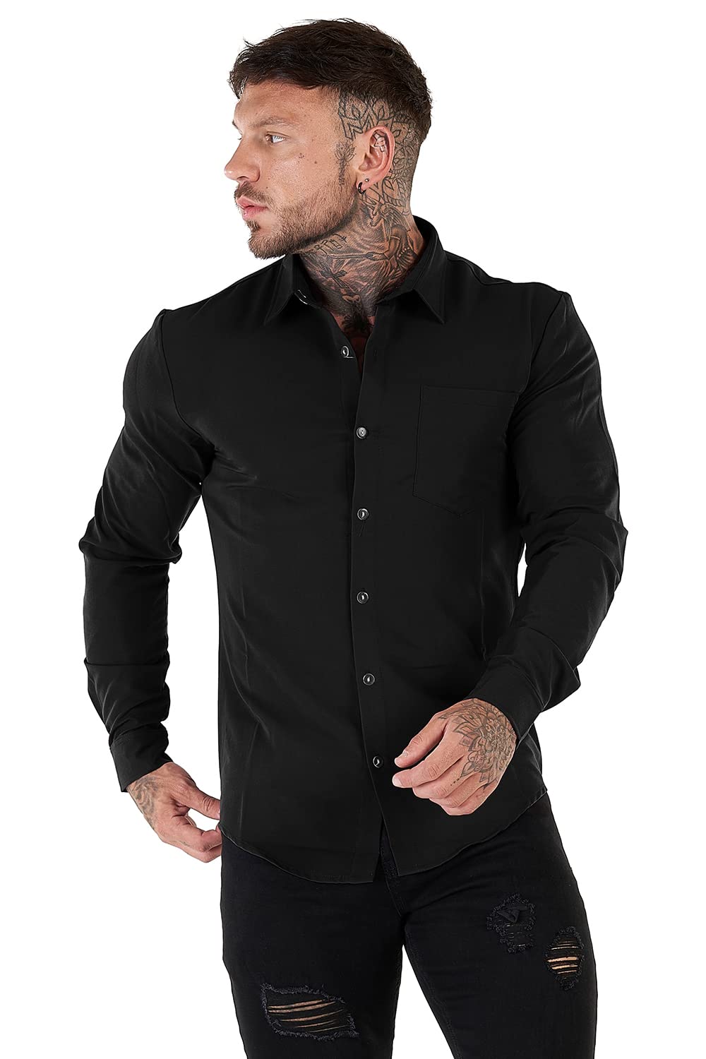 Gingtto Mens Fashion Long Sleeve Black Shirt With Button For Men