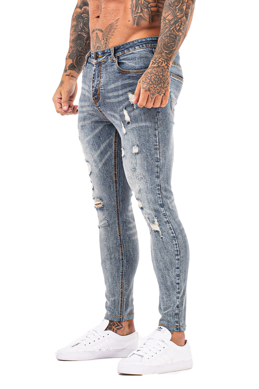 Heren GT-serie lichtblauwe gescheurde skinny jeans stretchjeans