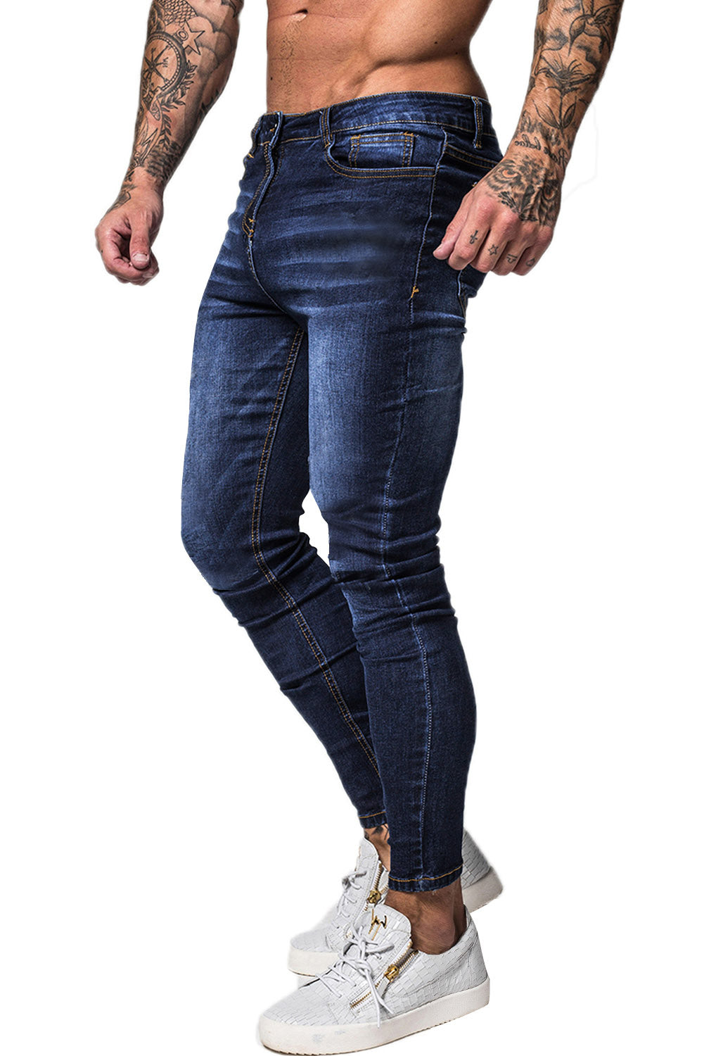 Gingtto Super Skinny Durable Jeans Blue Stretch Jeans For Men
