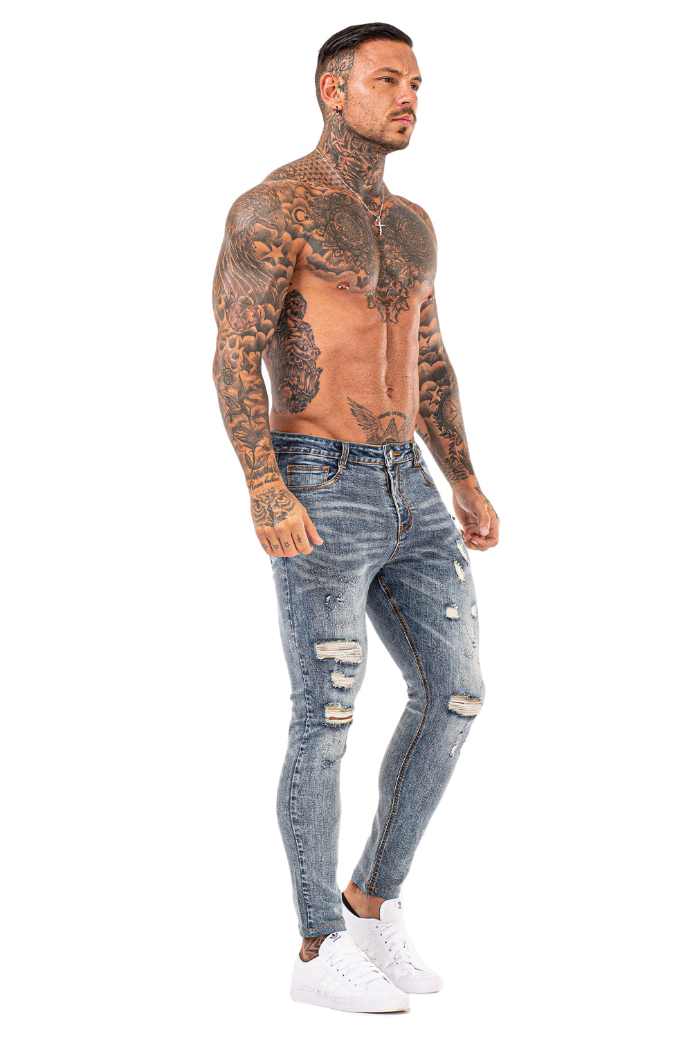 Heren GT-serie lichtblauwe gescheurde skinny jeans stretchjeans
